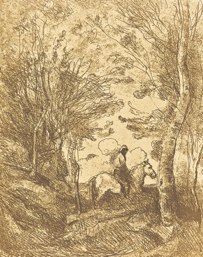 树林中的骑士，大版画《大骑士》（Le Grand Cavalier sous bois），约1854年。 作者 让·巴蒂斯特·卡米尔·科罗
