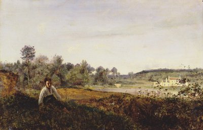 坐在阿夫雷市Etang de Ville景观中的年轻帕特雷，约1870年（布面油画 作者 让·巴蒂斯特·卡米尔·科罗