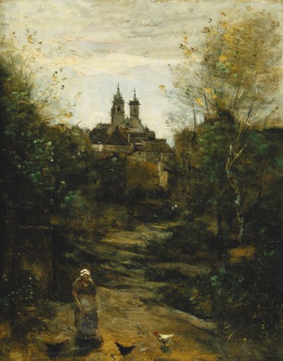 狐猴，通往教堂的道路；瑟穆尔（Le Chemin de l“ Eglise”，c。1855-1860和1872-1873年） 作者 让·巴蒂斯特·卡米尔·科罗