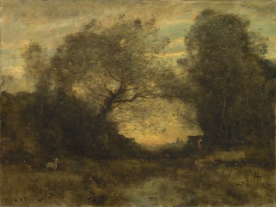 树林入口处的池塘，约1860-75年 作者 Jean Baptiste Camille Corot