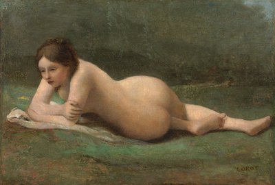 斜倚在草地上，c.1850-60的年轻女子 作者 让·巴蒂斯特·卡米尔·科罗