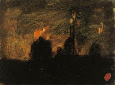瓦朗谢讷附近圣瓦斯特拉豪（St-Vast-là-haut）的篝火夜景 作者 让·巴蒂斯特·卡尔佩