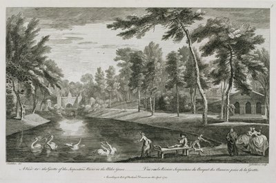 1753年在斯托的阿尔德格罗夫（Alder Grove）的蛇形河（Serpentine River）石窟景观，由乔治·比克汉姆（George Bickham）雕刻而成 作者 让·巴蒂斯特·克劳德·沙特莱恩