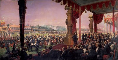 1880 年 7 月 14 日，总统朱尔斯·格雷维 (Jules Grevy) 在莱昂·甘贝塔 (Leon Gambetta) 面前分发旗帜。将军们在 Marechal Canrobert 周围迎接国家元首和团体。 爱德华·德莱勒 (1848-1912) 的绘画 作者 让·巴蒂斯特·爱德华·Detaille