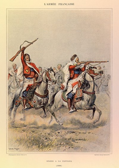 儒勒-理查德上尉的法国军队的类型和制服，由爱德华-迪特尔（1848-1912）画的。1886年的《幻想曲》（Spahis a la Fantasia），私人收藏 作者 让·巴蒂斯特·爱德华·Detaille