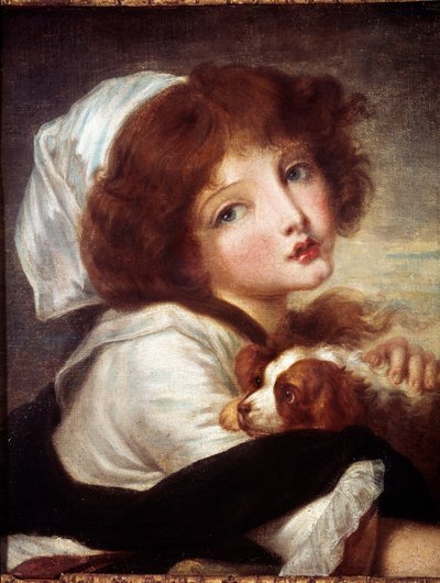 让·巴蒂斯特·格鲁兹（Jean Baptiste Greuze，1725-1805 年）18 世纪巴黎干邑博物馆收藏的年轻女孩与小狗的画作。 作者 让·巴蒂斯特·格鲁兹