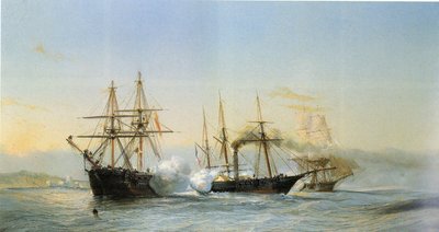 1844 年法国中队轰炸摩加迪沙海岸时，两艘摩洛哥双桅船与一艘法国轮式护卫舰在摩洛哥海岸前发生的海战。 作者 让·巴蒂斯特·亨利·杜兰德·布拉格