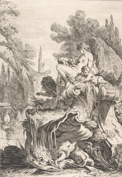 坐着的仙女 一个喷泉，有一个坐在海螺壳上的仙女，约1740年。 作者 让·巴蒂斯特·玛丽·皮埃尔
