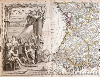 Guyenne 和 Gascony 的地图，路易十四（1638-1715）的肖像被寓言人物包围 作者 让·巴蒂斯特·诺林（Jean Baptiste Nolin）