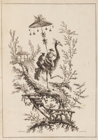 鸵鸟，一套中国风图案中的图版 作者 马丁德蒙奇，b。 1746