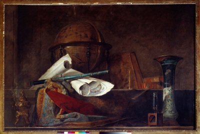 科学寓言 静物、地球仪、地理地图、书籍和花瓶。 Jean Baptiste Simeon Chardin (1699-1779) 的绘画 18 世纪巴黎，Musee Jacquemart Andre 作者 让·巴蒂斯特·西蒙·查尔丁