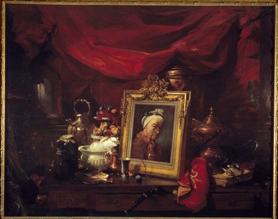 Chardin 和他的模特。 数组中的表 (abyme)。 一幅描绘让·巴蒂斯特·西蒙·夏尔丹（Jean Baptiste Simeon Chardin，1699-1779）的画围绕着静物画。 Philippe Rousseau (1816-1887) 1867 年作画 1,77x2,26 m 巴黎，奥赛博物馆 作者 让·巴蒂斯特·西蒙·查尔丁