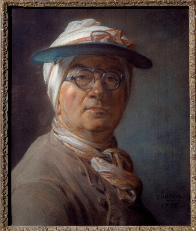 自画像称为肖像一个绿色的灯罩粉彩画由Jean Baptiste Simeon Chardin（1699-1779）1775年太阳。0,46x0,38米--萨尔夫肖像（带绿色灯罩）--让-巴蒂斯特-西梅恩-夏尔丹（1699-1779）的绘画，纸上粉彩画（46x38厘米 作者 让·巴蒂斯特·西蒙·查尔丁