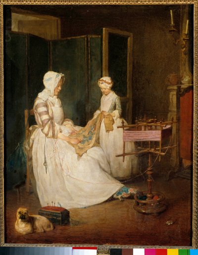 工作的母亲 一位母亲在她的女儿刺绣和使用车床的帮助下。 Jean Baptiste Simeon Chardin (1699-1779) 18 世纪的绘画。 0,4x0,39 m 作者 让·巴蒂斯特·西蒙·查尔丁