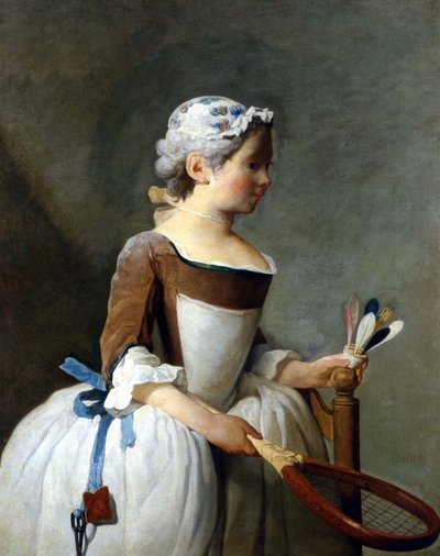 让·巴蒂斯特·西蒙·夏尔丹（Jean Baptiste Siméon Chardin，1699 - 1779 年），油画，佛罗伦萨乌菲兹博物馆，拿着雪鞋和方向盘的少女。 * 作者 让·巴蒂斯特·西蒙·查尔丁
