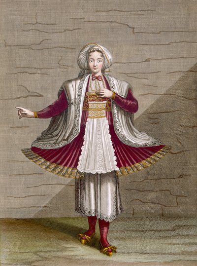 纳克索斯女孩，由查尔斯·德·费里奥尔撰写的“代表黎凡特的不同国家的一百张照片集”中的第71页，由Gerard Scotin（1671-1716）雕刻，1707-08（彩色版画） 作者 让·巴蒂斯特·范穆尔