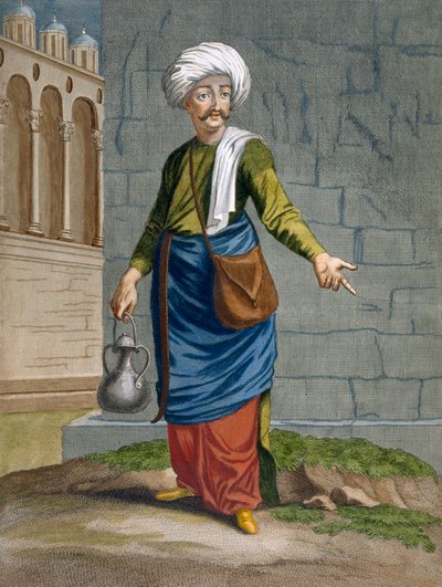 一个Ambulant理发师，来自Charles de Ferriol的“代表不同国家的一百张照片集”的第58页，由Gerard Scotin（1671-1716）雕刻，1707-08（彩色en 作者 让·巴蒂斯特·范穆尔