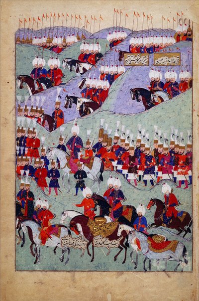 苏丹苏莱曼的葬礼壮丽，苏丹苏莱曼的历史，土耳其伊斯坦布尔，1579年（纸上的墨水和颜色） 作者 让·巴蒂斯特·范穆尔