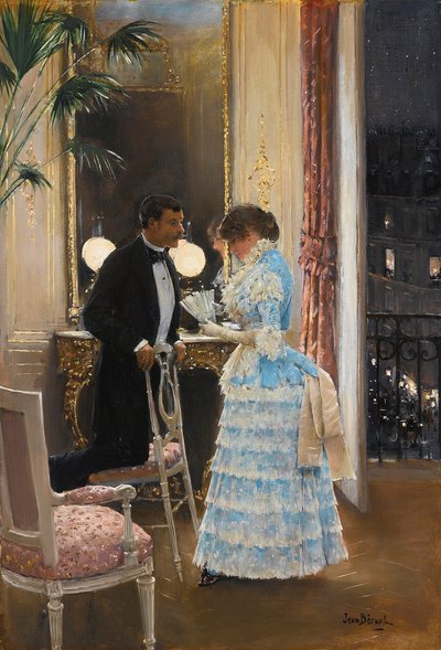 与让 (1849-1936) 的贝罗 (Beraud) 对话。 布面油画，尺寸：55,9x39,3，，私人收藏 作者 让·贝罗