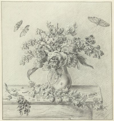 插花、水果和昆虫静物画 作者 让·伯纳德