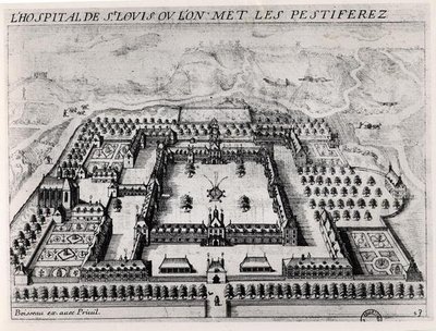 圣路易医院，17世纪初（雕刻）（黑白照片）。 作者 让·布索（Jean Boisseau）
