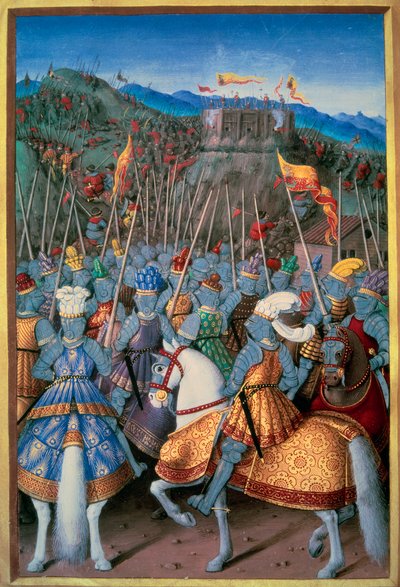 Italian Wars: King Louis XII (1462-1515) attacked Genes with his troops in 1507. Miniatiure from “Le voyage dee Genes” by Jean Marot (1450-1526) enluminated by Jean Bourdichon (1457-1521) 1510 Paris, B.N. 作者 让·布迪雄