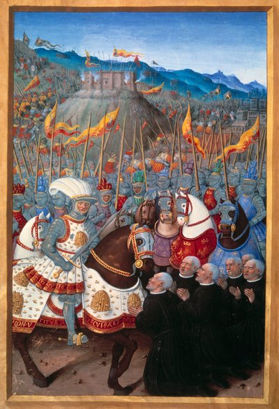 路易十二世（1462-1515）收到了来自热那亚的六个跪着的资产阶级（1507年4月25日）。Jean Bourdichon (1457?-1521)在Jean Marot撰写的《Genes之旅》（第20页）中的微型画，1508年5月。巴黎，B N 作者 让·布迪雄
