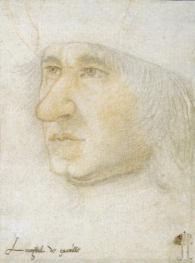 Louis Malet de Graville (1438-1516) 的肖像，法国海军上将 par Bourdichon, Jean (1457-1521)。 纸上黑色粉笔和血红色，尺寸：16,9x12,7，15 世纪晚期，圣彼得堡国家冬宫 作者 让·布迪雄