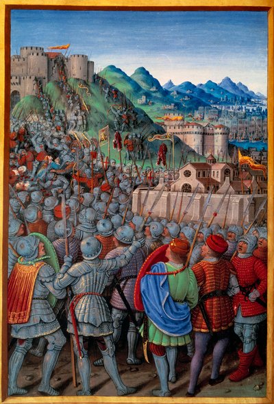 热那亚人袭击了法国人守护的热那亚城堡（1507年3月12日）。Jean Bourdichon (1457?-1521)在Jean Marot撰写的《Genes之旅》（第20页）中的微型画，1508年5月。巴黎，NL 作者 让·布迪雄