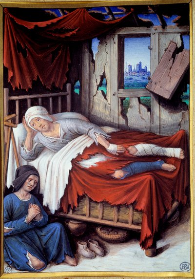 一个可怜人的死亡一个女人在一个垂死的男人的床边祈祷。让-布尔迪雄（1457-1521）的画作 作者 让·布迪雄