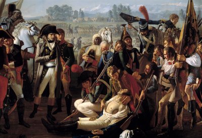 Charles Antoine Desaix de Veygoux 将军（1768-1800）于 1800 年 6 月 14 日在马伦戈战役中在拿破仑·波拿巴（1769-1821 年）的注视下死亡。 让·布罗克 (1771-1850) 的绘画 作者 让·布洛克
