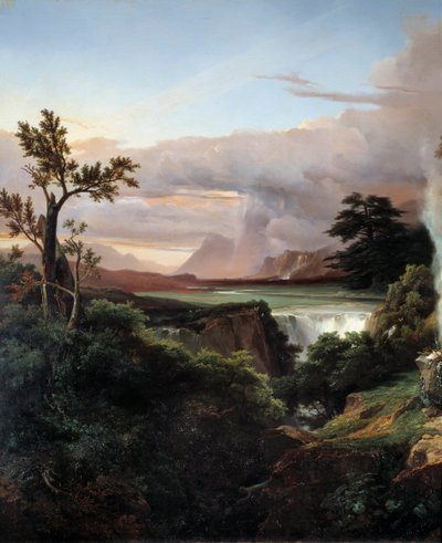 有瀑布的风景。画家：让-查尔斯-雷蒙（1795-1875）。 作者 让·查尔斯·约瑟夫·雷蒙德