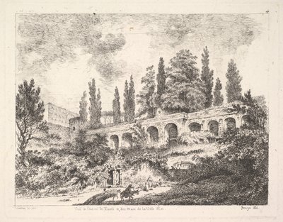 蒂沃利（Tivoli）入口和德埃斯特别墅（Villa dEste）的墙的景色，骑兵们接近，十八世纪。 作者 让·克劳德·理查德·圣农
