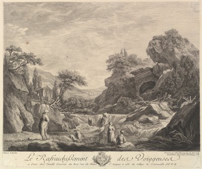 旅行中的妇女喝水，1758年。 作者 让·达勒（JeanDaullé）