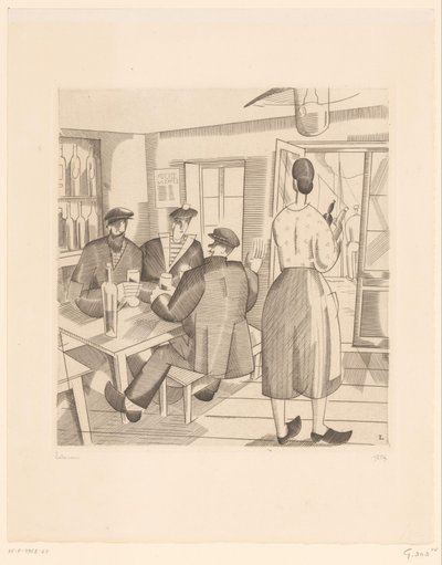 有顾客和女服务员的咖啡馆内部
旺代歌舞厅 作者 Jean Emile Laboureur（艺术家签名）