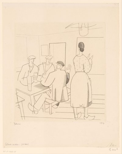 咖啡馆内部，顾客和女服务员
Cabaret vendéen（标题见实物） 作者 Jean Emile Laboureur（艺术家签名）