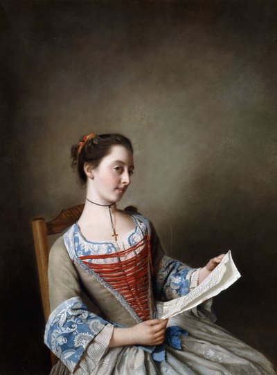 La Belle Liseus：坐在Lyonnaise农民的装束中的Susanna Lewis小姐的画像， 作者 让·埃蒂安·利奥塔