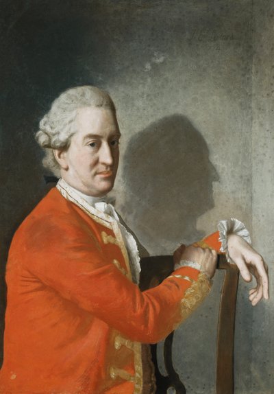 詹姆斯·汉密尔顿（James Hamilton）的肖像，克兰布拉西尔第二任伯爵，半身，穿着红色外套，坐在桃花心木椅子上，他的头像投在背后墙上的阴影中，1774年 作者 让·埃蒂安·利奥塔
