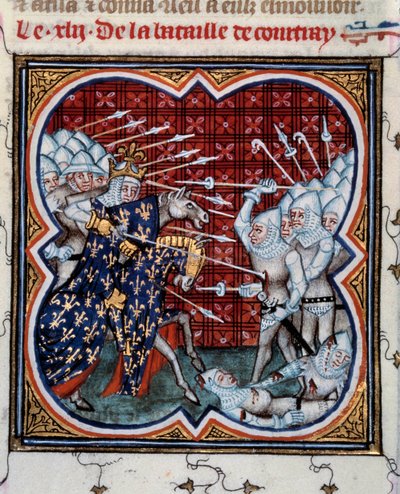 腓力四世（1268-1314）和佛兰德人之间的科特里克之战，即所谓的金马刺之战，1302年7月11日，取自15世纪让-富凯（1420-1481）的《法国大记事》的微型画。巴黎，B.N. 作者 让·富凯