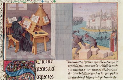 Ms.fr.273 fol.7 Livy（公元前59年 - 公元17年）写作和罗马基金会，来自“罗马人民年鉴”，由Pierre Bersuire翻译，c.1475 作者 让·富凯