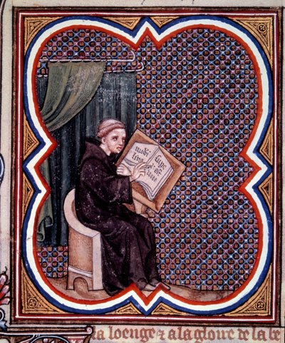 教长在圣丹尼斯修道院撰写《法国大纪元》。让-富凯（Jean Fouquet，1420 - 1481）《法国大纪元》手稿中的缩影。巴黎，B N 作者 让·富凯