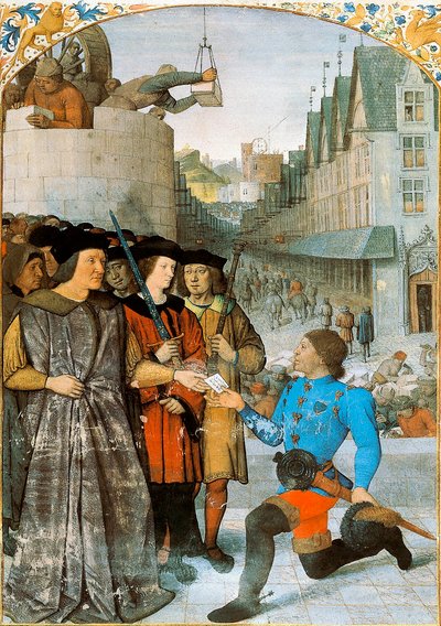 Viscount of Rochechouart receiving a royal messenger. Miniature by Jean Fouquet (1420-1481) from “The Great Chronicles of France”. 1455-1460 作者 让·富凯