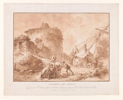 热那亚附近有废墟和一艘船的景观 Environs de Genes（物体上的标题） 作者 Charles Le Pere 和 Pierre Michel Avaulez