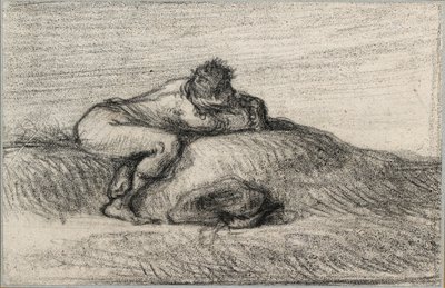 蹲在山岗上的男子，1848-1850年 作者 Jean Francois Millet