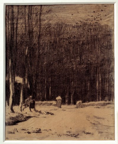巴比松森林的入口，雪效果让·弗朗索瓦·米勒（Jean Francois Millet，1814-1875 年）暗淡的黑色铅笔画。 0,28 x 0,22 m 巴黎。 奥赛博物馆 作者 让·弗朗索瓦·米勒