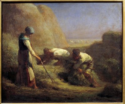 干草船夫。 农民用刚割过的干草做靴子。 让·弗朗索瓦·米勒 (Jean Francois Millet) (1814-1875) 的绘画 19 世纪太阳。 0,54x0,65 米 作者 让·弗朗索瓦·米勒