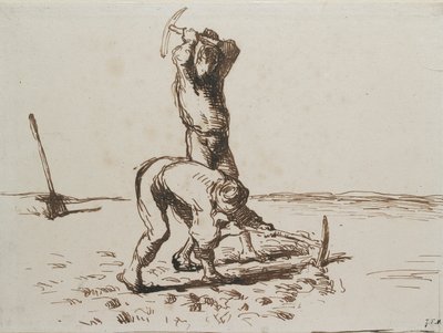 两个农民用镐头挖土，约1844-1846年 作者 Jean Francois Millet