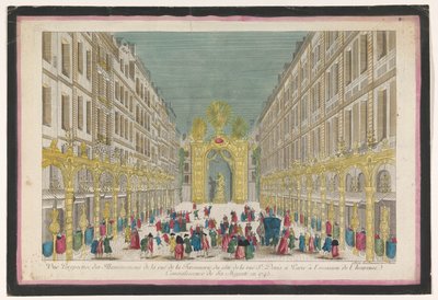 1745 年法国国王路易十五光复之际，巴黎费罗内里街 (Rue de la Feronnerie) 的装饰景观 巴黎圣丹尼路 (...) 的费罗内里街 (Ruë de la Feronnerie) 照明透视图（标题为 o） 作者 让·弗朗索瓦·道蒙