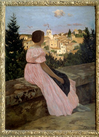 Castelnau le Lez（或 Castelnau-le-Lez，Herault）的粉红色连衣裙或视图。 艺术家的侄女 Therese des Hours 的肖像。 Jean Frederic Bazille (1841-1870) 1864 年作画。 1,4x1,1 米。 布面油画。 巴黎，奥赛博物馆 - 粉红色连衣裙或 Cas 观 作者 让·弗雷德里克·巴齐尔