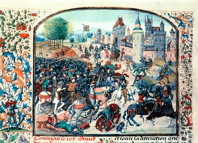 1346 年由苏格兰国王大卫二世率领的英格兰和苏格兰军队之间的内维尔十字架战役... 作者 让·弗洛萨特